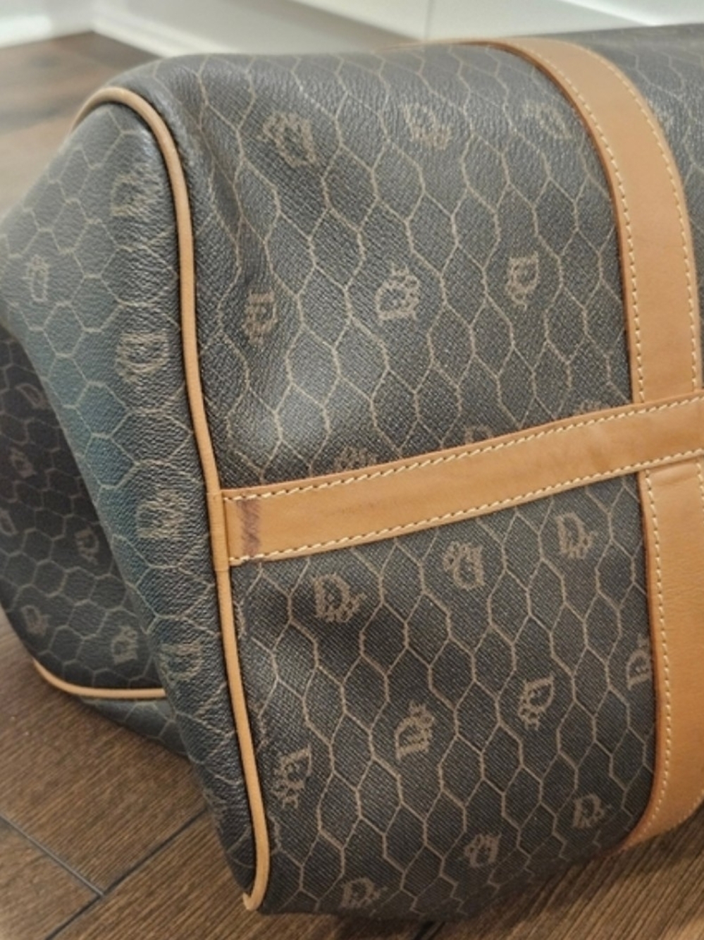 CHRISTIAN DIOR Vintage Honeycomb Boston Duffel Bag Navy Tan Leather Italy - Picture 7 of 14